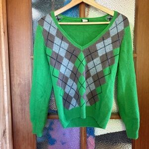 J. Crew Green Argyle V-Neck Sweater with Gray and Brown